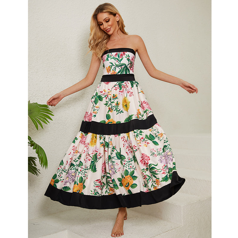 Off Shoulder Back Bow Tie Color Block Printed One Piece Swimsuit and Skirt(Shipped on Sep 25th)