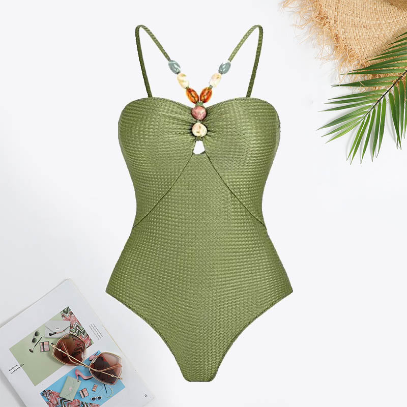 Colorblock Halter Neck Bead Detail Cut Out Swimsuit