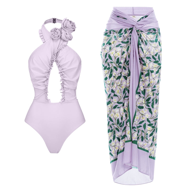 Vioye Purple Halter 3D Flower Decor Backless One Piece Swimsuit and Sarong