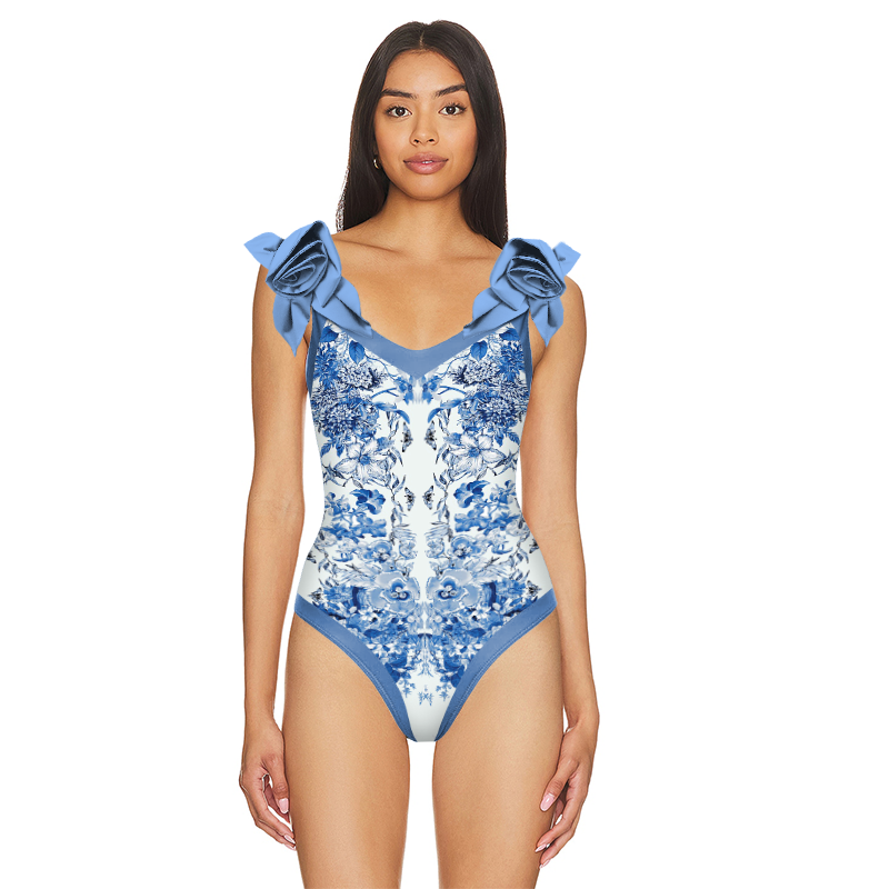 3D Flower Decor Blue and White Porcelain Printed One Piece Swimsuit and Skirt