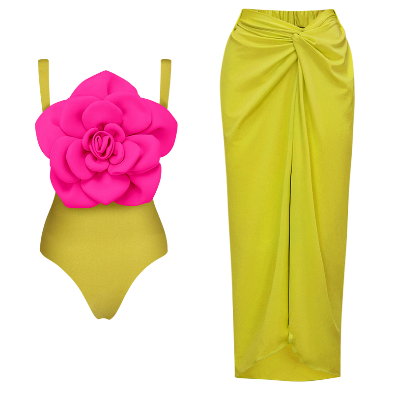 3D Flower Sling Color Block One Piece Swimsuit and Skirt (Shipped on Nov 6th)
