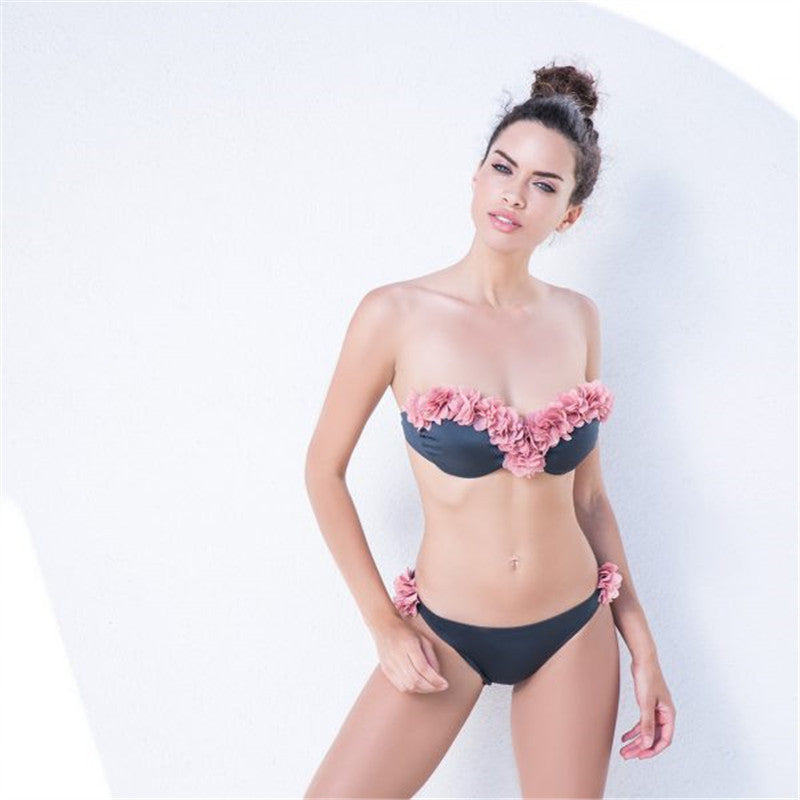 Vioye Bandeau 3D Floral Bandeau Bikini Swimsuit