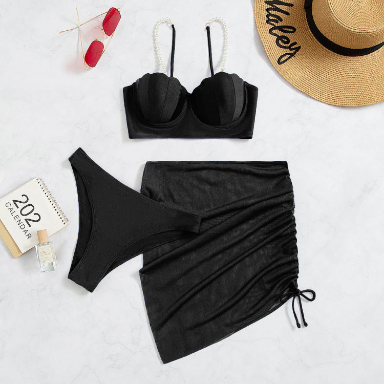 Pearl Decor Push Up Solid Color Sexy Bikini Swimsuit Three-piece Set