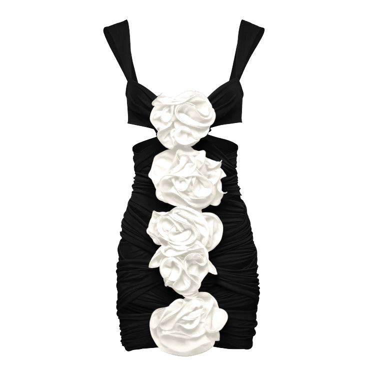 Vioye Black 3D Flower Cutout One Piece Swimsuit and Skirt