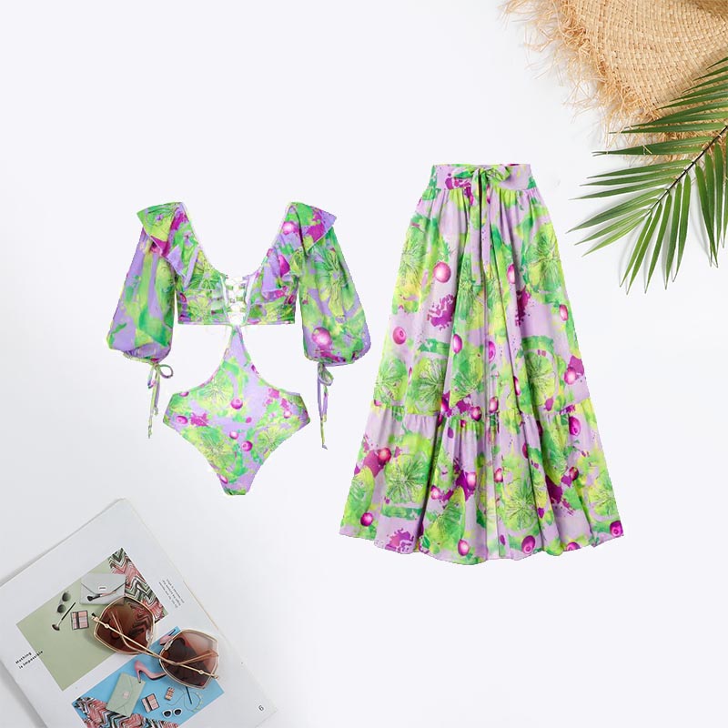 Fruit&Vegetable Print Cut Out Tie Ruffle Hem Swimsuit