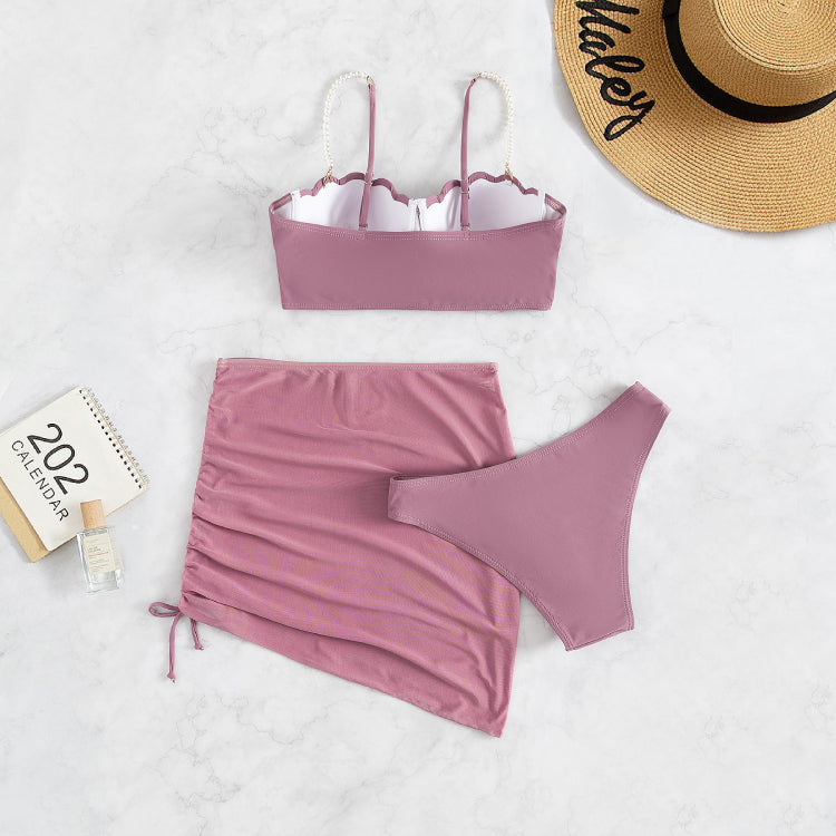 Pearl Decor Push Up Solid Color Sexy Bikini Swimsuit Three-piece Set