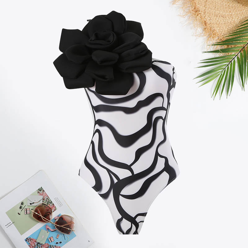 Zebra Stripe Print Flower Decoration Hollow Out Swimsuit