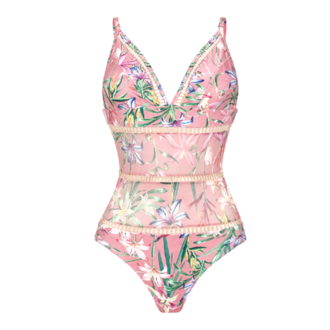 Vioye V Neck Floral Print One Piece Swimsuit and Mesh Splicing Sarong