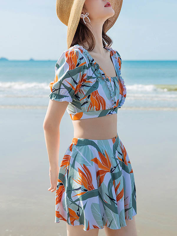 Beach Casual Plants Print Cut Out Back Swimsuit