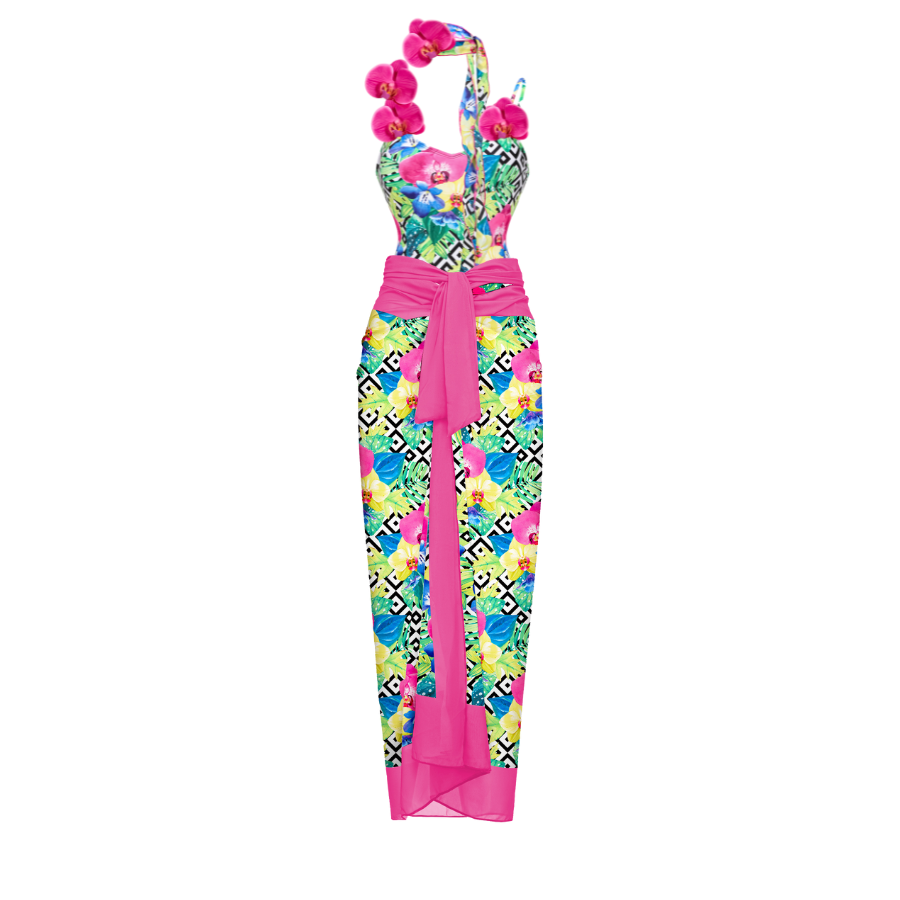 3D orchid Print Ribbon One Piece Swimsuit and Sarong