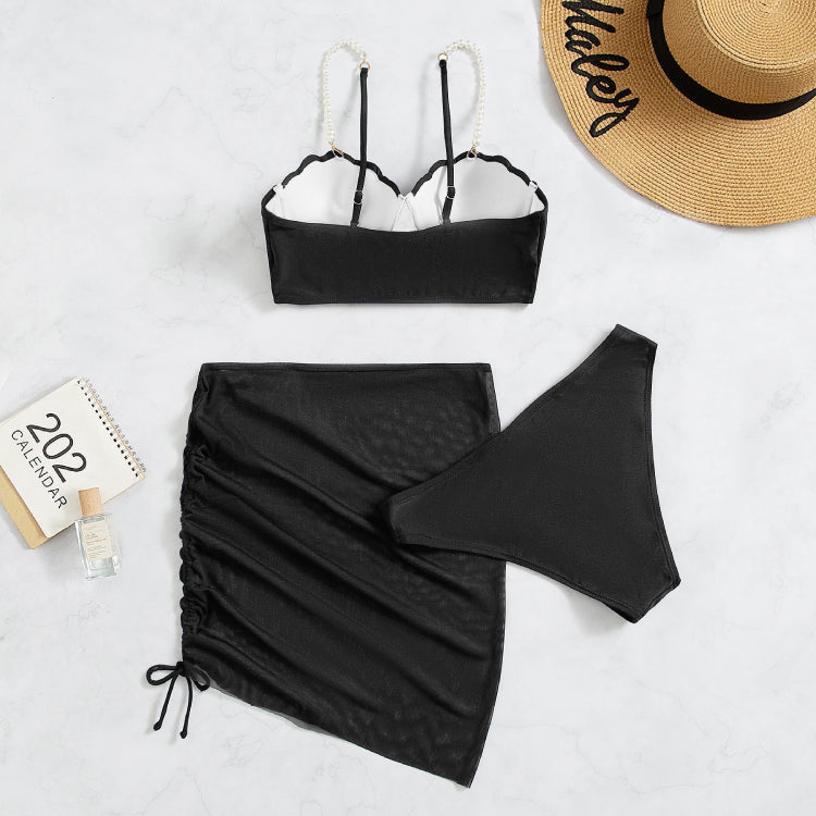 Pearl Decor Push Up Solid Color Sexy Bikini Swimsuit Three-piece Set