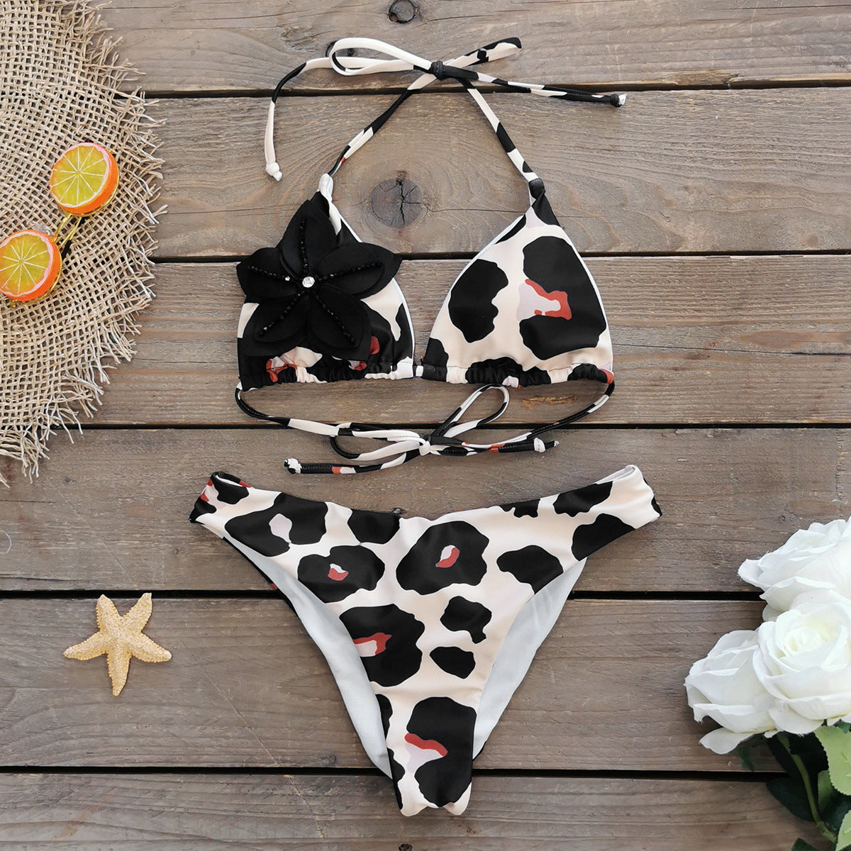 3D Flower Leopard Printed Bikini Swimsuit