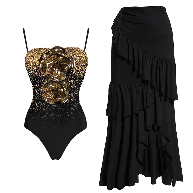 3D Flower Shiny Printed One Shoulder One Piece Swimsuit and Skirt