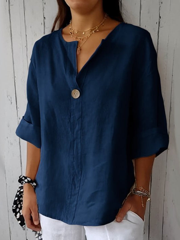 New V-neck Cotton and Linen Button Top