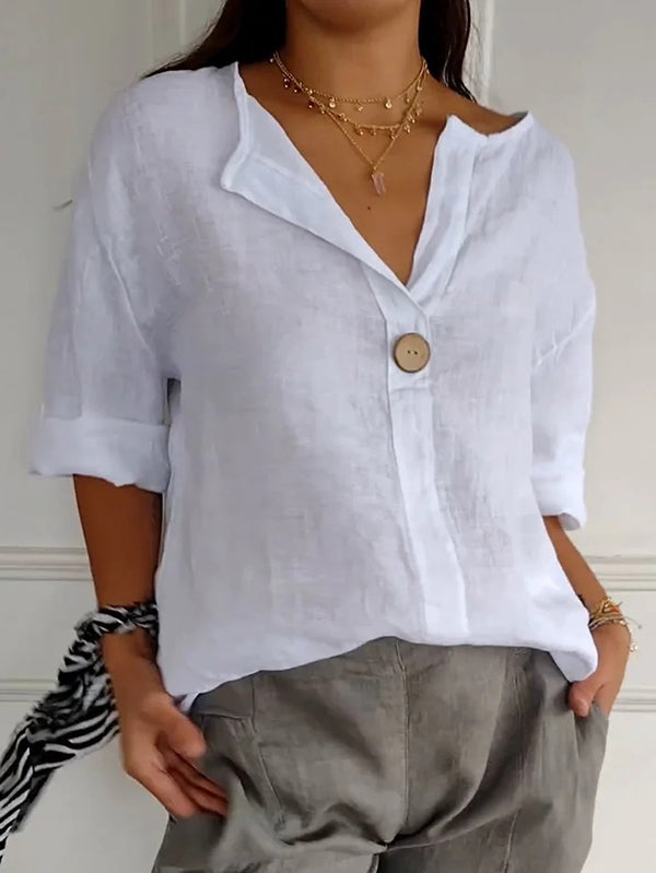 New V-neck Cotton and Linen Button Top