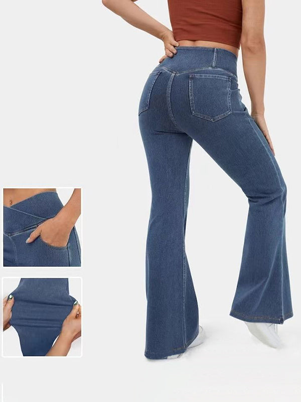 Stretchy Denim High Waisted Crossover Flare Pants