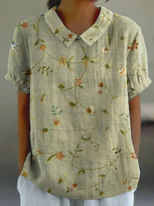 Women's Retro Floral Art Linen Pocket Top And Dress