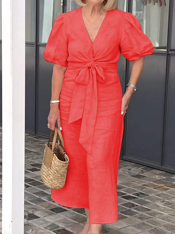 New V-Neck Tie Puff Sleeve Cotton Linen Dress