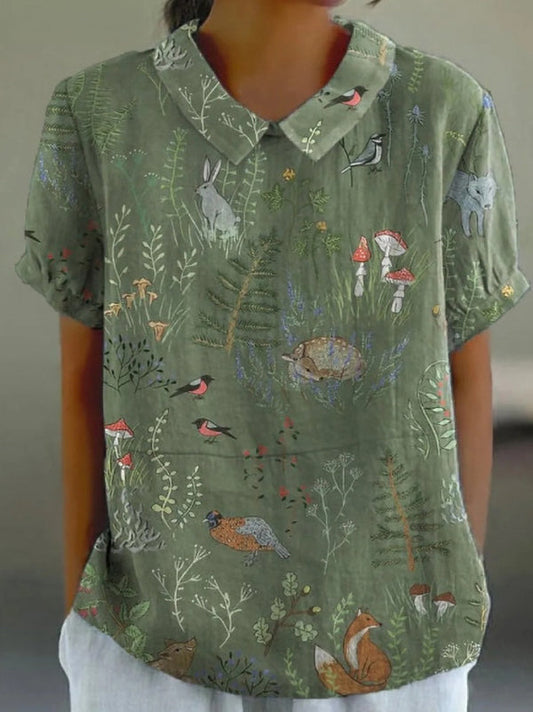 Woodland And Animals Pattern Printed Women's Linen Pocket Top And Dress