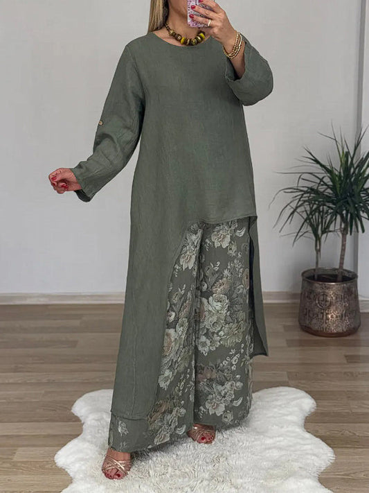 Fashion Irregular Top Wide-Leg Pants Pocket Two-Piece Set