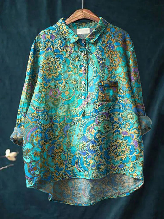 Women's Retro Art Print Casual Linen Cotton Top And Dress