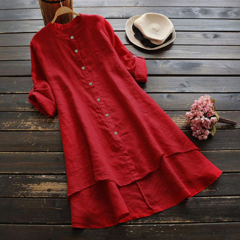 Retro Solid Color Button Long Sleeve Dress