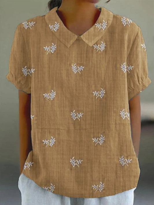 Snowflake Print Lapel Women'S Cotton And Linen Top