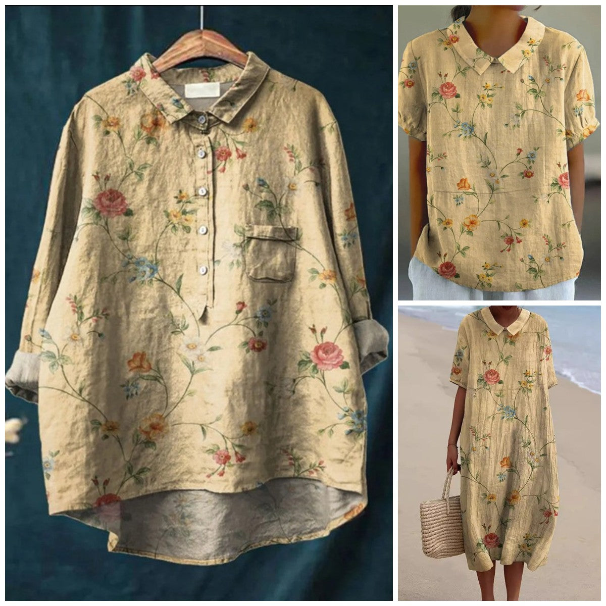 Retro Floral Art Print Casual Linen Cotton Women's Top And Dress
