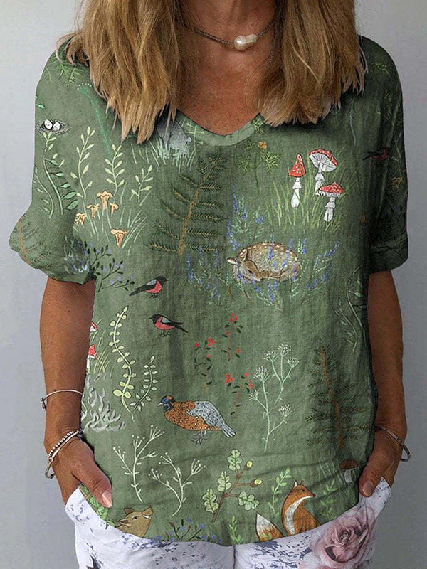 Woodland And Animals Pattern Printed Women's Linen Pocket Top And Dress