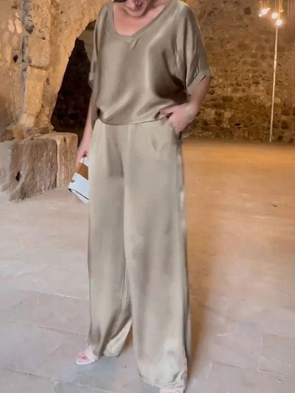 Fashionable Satin V-Neck Casual Ladies Two-Piece Suit