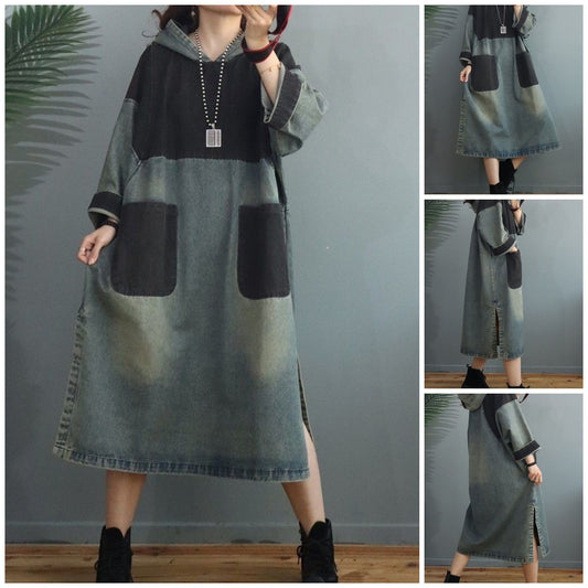 Color Block Denim Hooded Dress