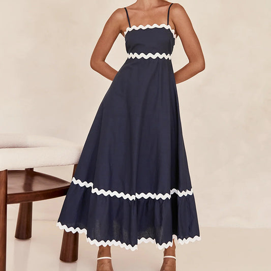 Solid Color Lace Stitching Elegant Suspender Dress