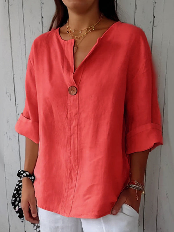 New V-neck Cotton and Linen Button Top