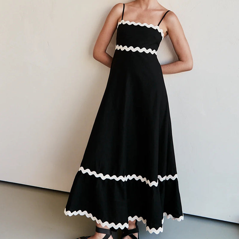 Solid Color Lace Stitching Elegant Suspender Dress