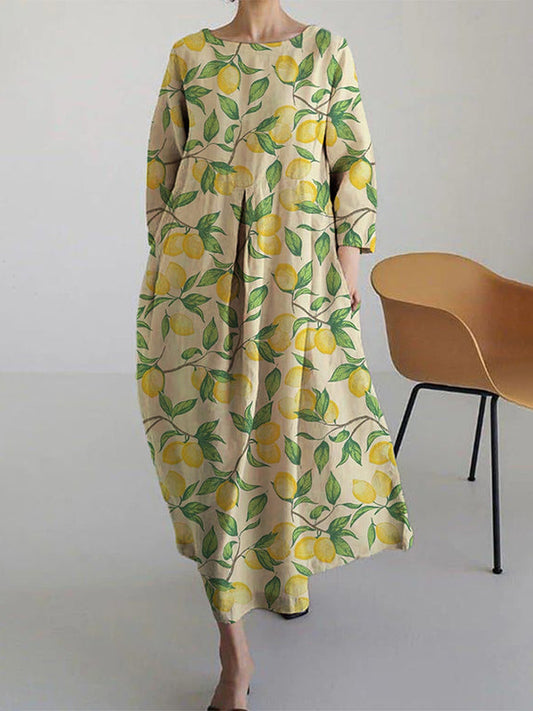 Lemon Green Leaves Women's Linen and Cotton Dress