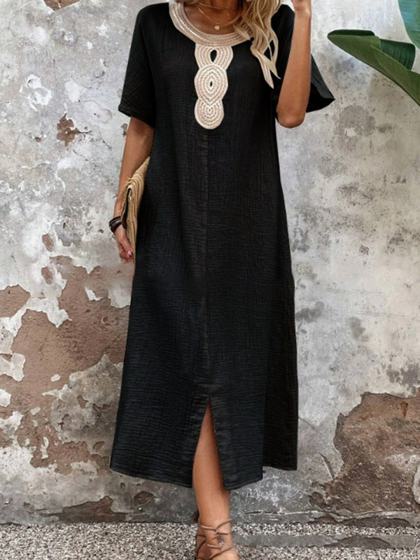 Ruffled Slit Lace Collar Cotton Women's Dress