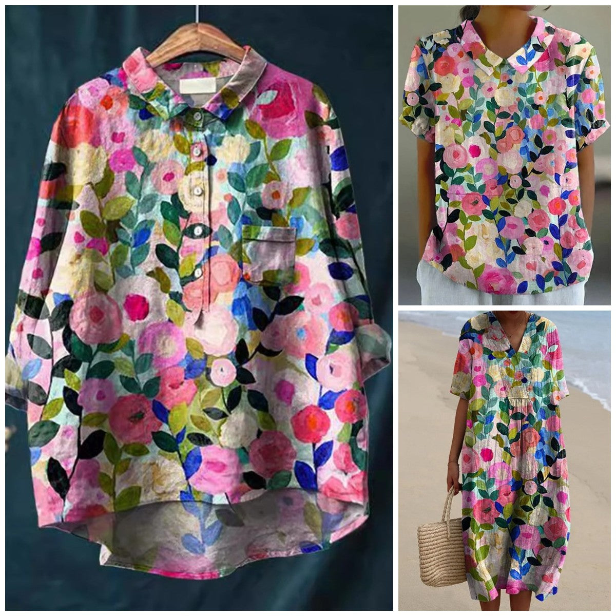 New Floral Garden Printed Women's Casual Linen Cotton Top And Dress