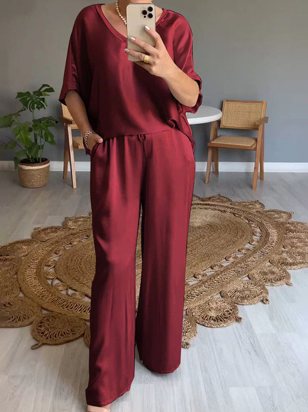 Fashionable Satin V-Neck Casual Ladies Two-Piece Suit