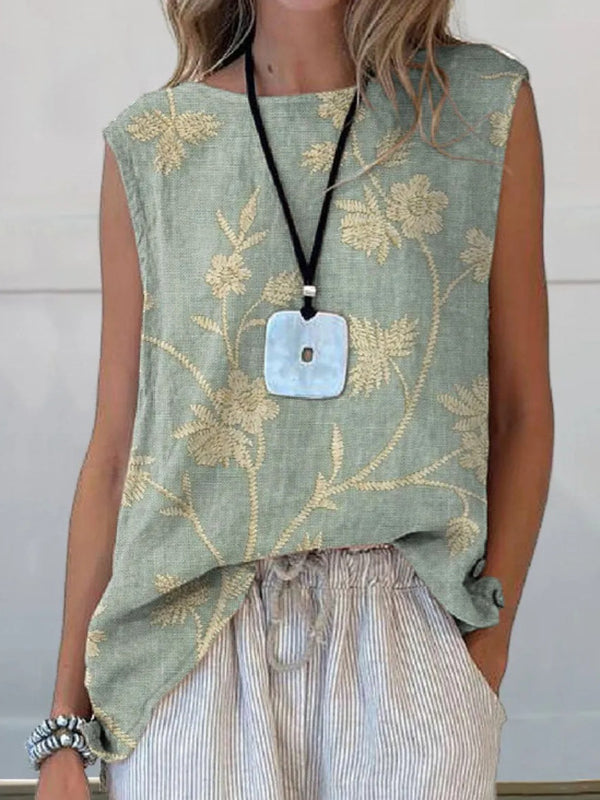 Retro Floral Art Linen Elastic Waistband Pocket Women's Top And Dress