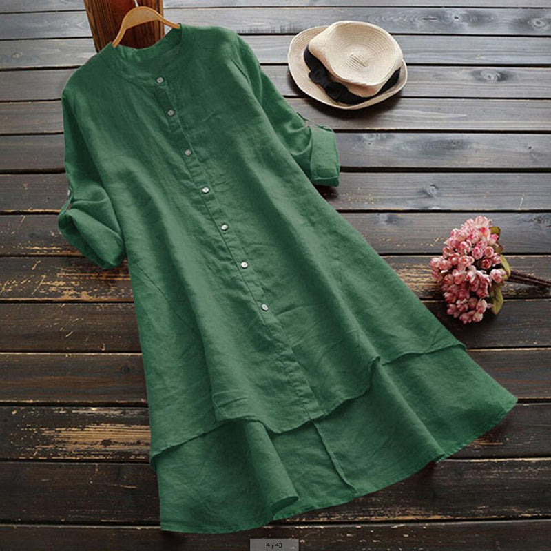 Retro Solid Color Button Long Sleeve Dress