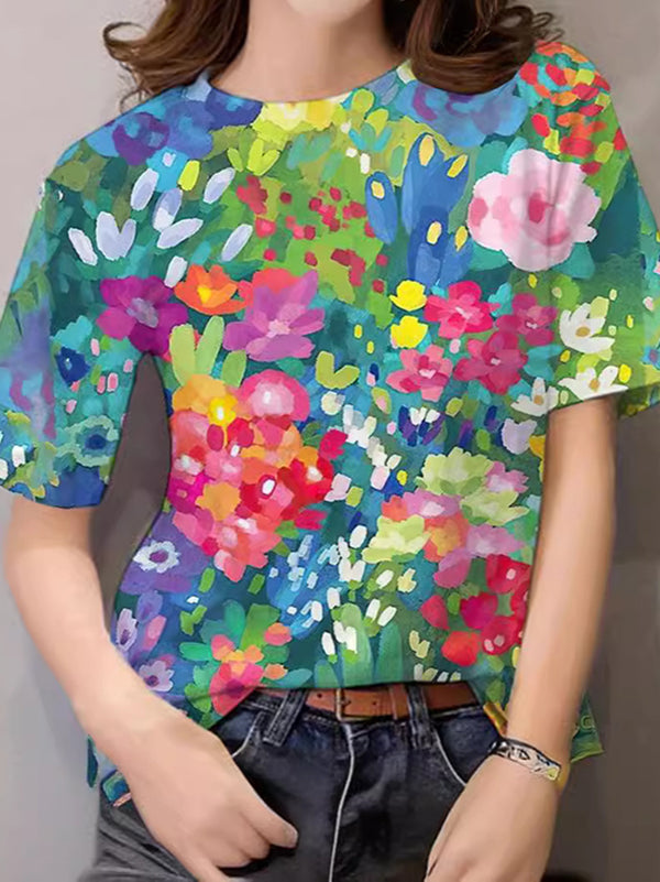 Women's Vintage Lovely Floral Art Print Casual Linen Cotton Top And Dress