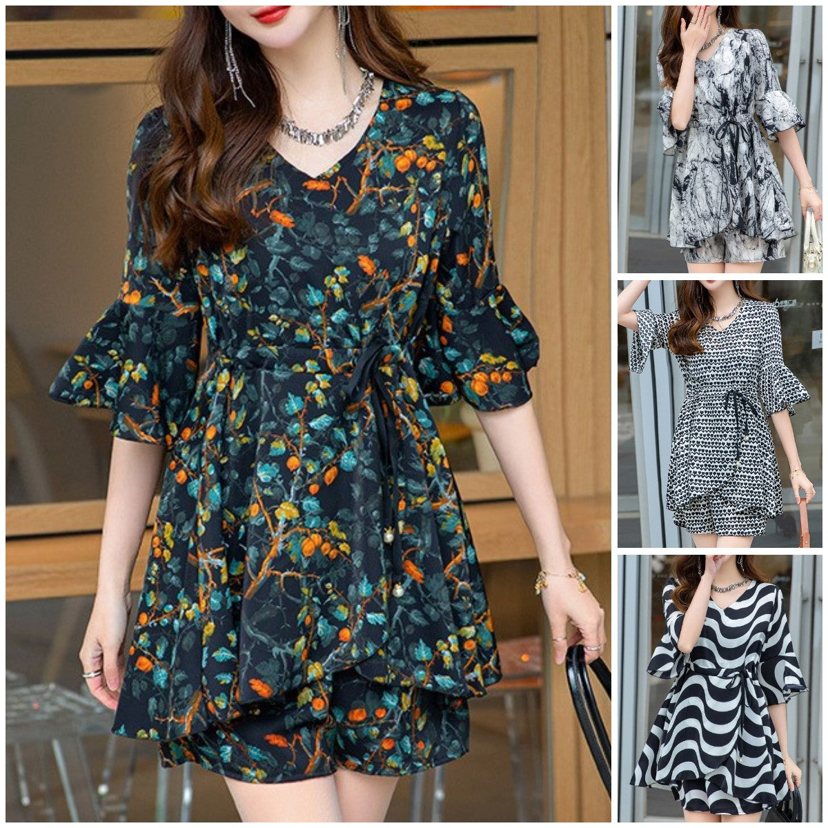 Fashion Casual Printed Silk Dress Suit