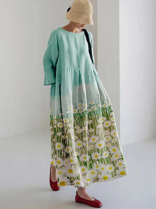 Blue Sky Sunflower Print Women's Linen and Cotton Dress