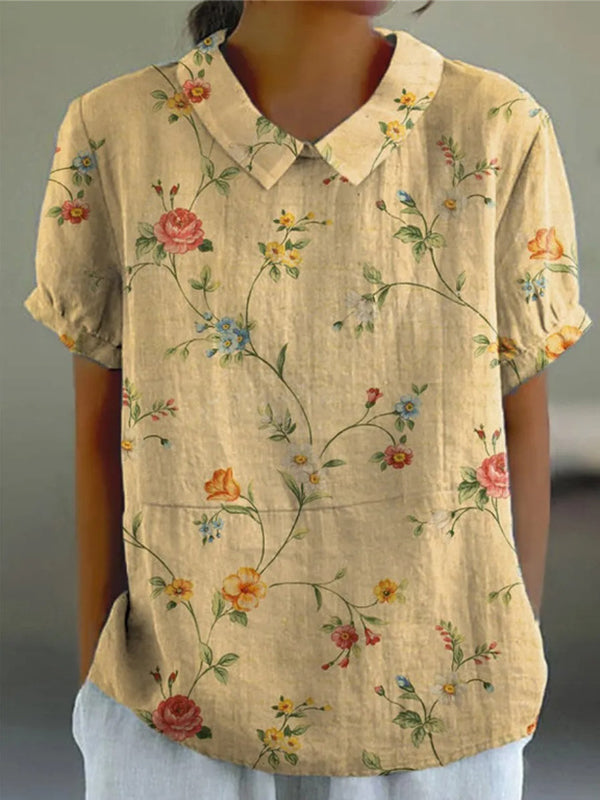 Retro Floral Art Print Casual Linen Cotton Women's Top And Dress