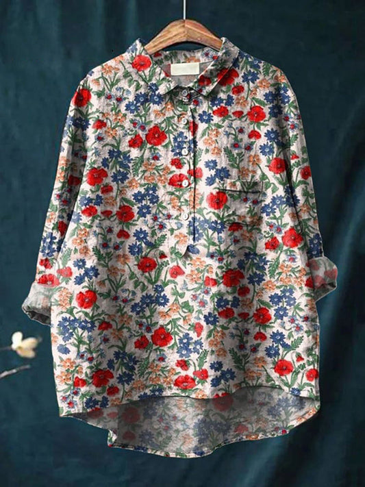 Women's Vintage Floral Art Print Casual Linen Cotton Shirt And Dress
