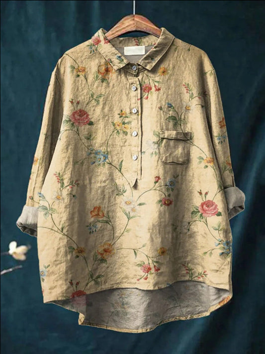 Retro Floral Art Print Casual Linen Cotton Women's Top And Dress