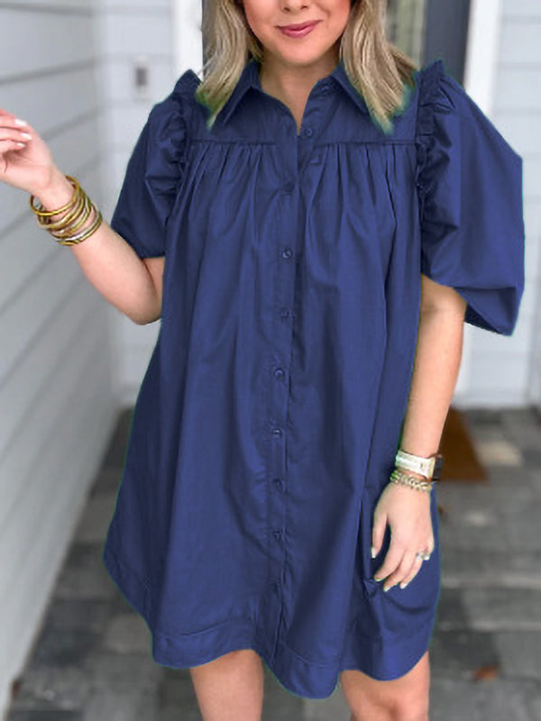 Solid Color Puff Sleeve Casual Skirt