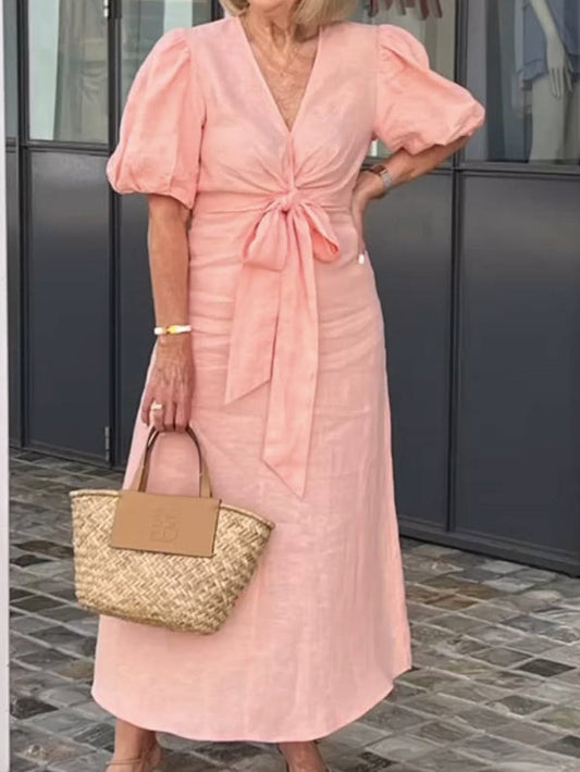 New V-Neck Tie Puff Sleeve Cotton Linen Dress