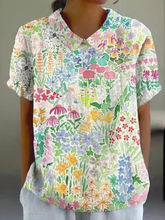 Colorful Floral Lapel Women'S Cotton And Linen Top