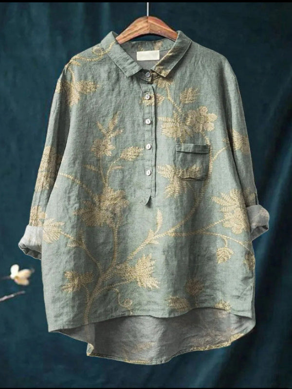 Retro Floral Art Linen Elastic Waistband Pocket Women's Top And Dress